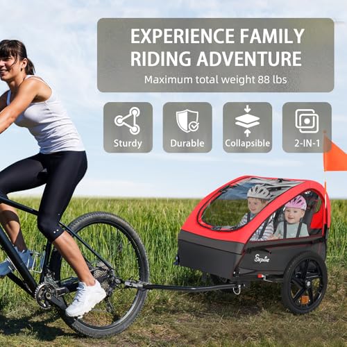 Image of Sepnine Kids Bike Trailer, 2 in1 Canopy Carrier Converts to Stroller Suitable for 1 to 2 Kids, 12+ Months, Quick Attach to Bike, Foldable, with 5-Point Harness and Storage Bags