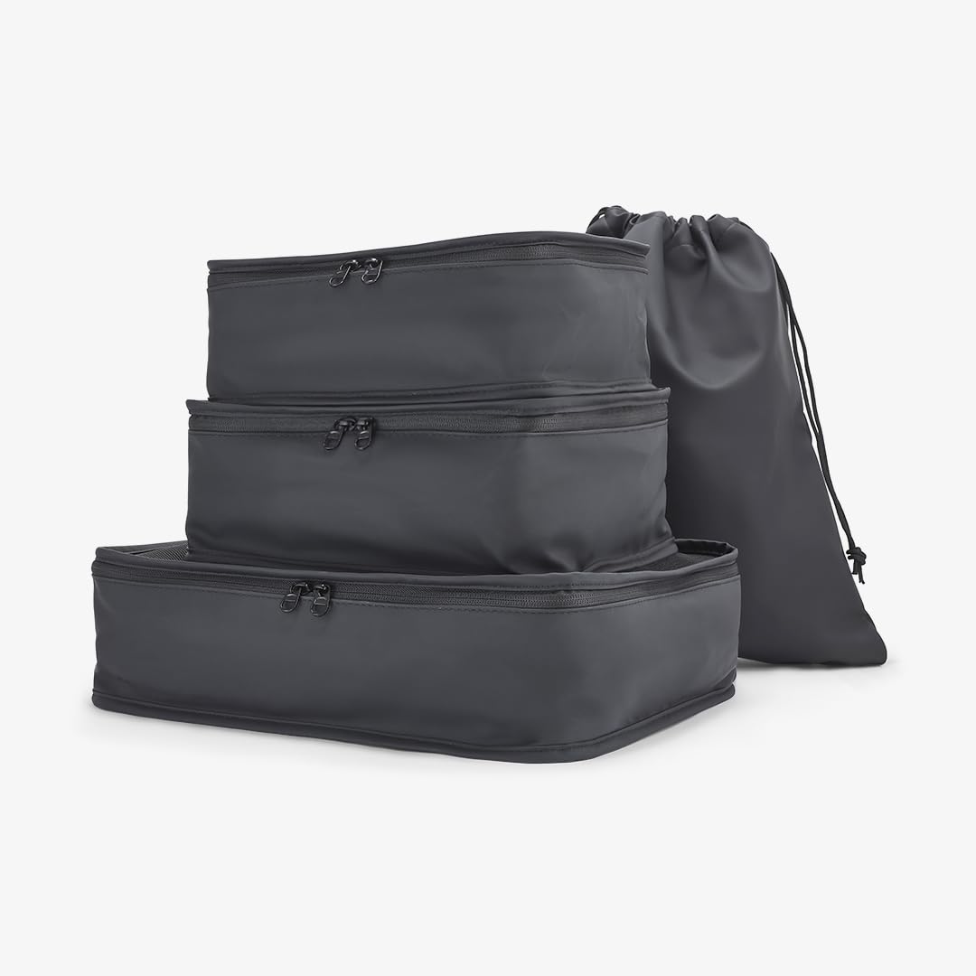 Rock Packing Cubes Set of 4 in Black – Lightweight Travel Organisers for Luggage & Suitcases, Clothes Storage Bags with Laundry Bag & Grab Handles - Ideal for Holiday & Business Trips