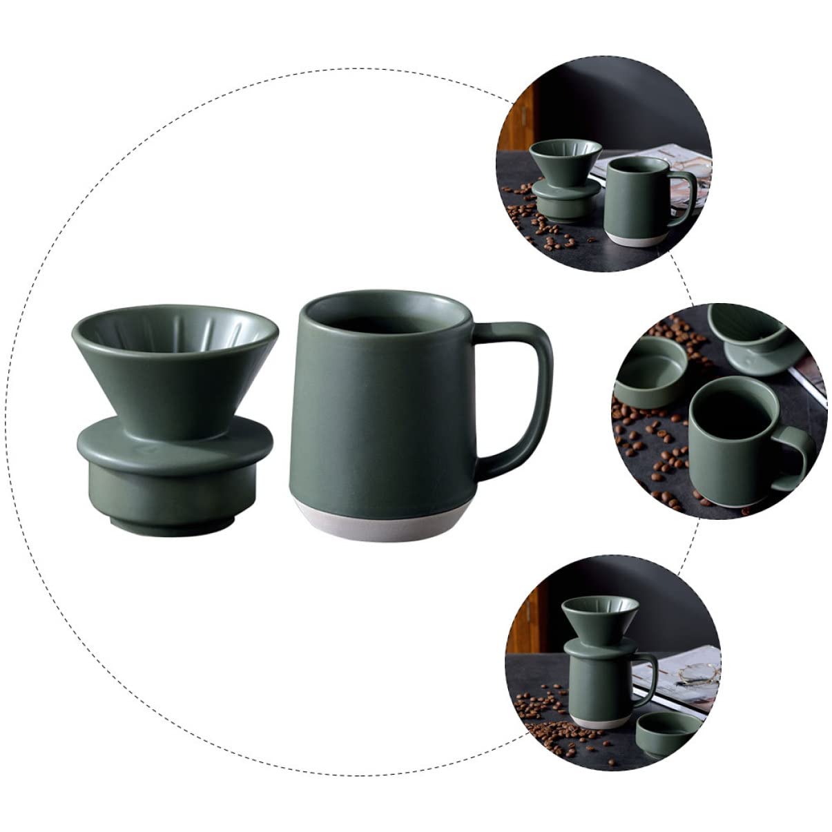 Taza de Filtro de Café de Cerámica Verde para Preparación Manual | Diseño Asa, 1 Juego, Detalles Delicados y Uso Práctico, Acabado Ligero Filtrado Fino