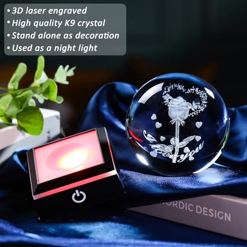 Image of 3D Crystal Ball Glass Rose Flowers Gifts for Wife Mom Home Decor Snow Globe Ornament with LED Base Night Light, Etched Heart & Rose Figurines I Love You Anniversary Romantic Gift for Women
