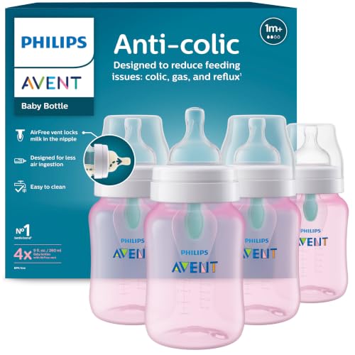 Image of Philips Avent Anti-Colic Baby Bottle with AirFree Vent, Medium Flow, 9 oz | For Ages 1 Month+, Reduces Colic, Gas & Reflux, Flow 2 Nipple with Secure Latch System, BPA-Free, 4-Pack, Pink, SCY703/14