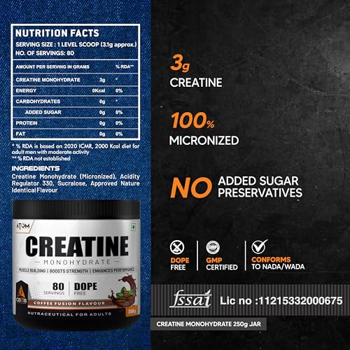 Image of AS-IT-IS ATOM Creatine Monohydrate 250g - 80 Servings | Dope Free | Enhances Performance | Promotes Muscle Gains | Coffee Fusion Flavour