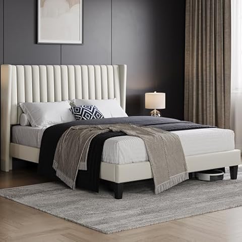 Yaheetech Queen Bed Frame Upholstered Platform Bed with Fabric Headboard, Wing Edge Design/Non-Slip and Noise-Free/Wooden Slats Support/No Box Spring Needed/Easy Assembly, Beige Queen Bed Cover