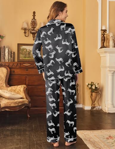 Image of Ekouaer Womens Satin Pajama Set Classic Pattern Silky Pj Sets Button Down Sleepwear Loungewear