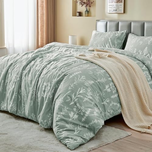 MUXHOMO Duvet Cover Full Size, Reversible Floral Green Duvet Cover Set with Zipper Closure, 3 Pieces Botanical Patterns Soft Microfiber Bedding Set with 4 Ties (80"x90", 2 Pillow Cases)