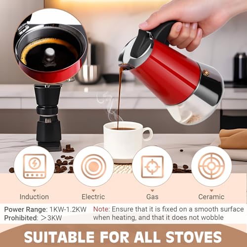 Image of Moka Pot, 4 Cups (7.1 oz) Stovetop Espresso Maker, 304 Stainless Steel Moka Pot, Induction Compatible, Red