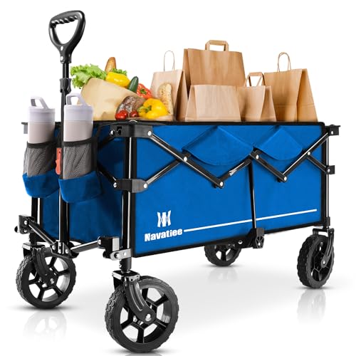 Navatiee Collapsible Wagon, Heavy Duty Folding Wagon with Drink Holders, Large Capacity Foldable Utility Grocery Wagon Cart for Shopping Garden Sports Outdoor Use