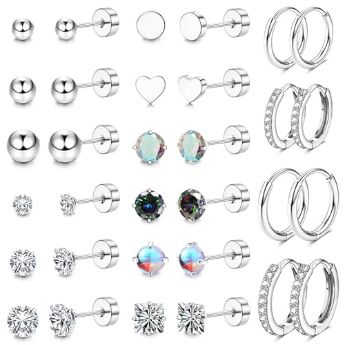 16 Pairs Surgical Steel Flat Back Earrings Set for Multiple Piercing Sensitive Ears Cartilage Hypoallergenic Earrings Small Huggie Hoop Earrings CZ Ball Stainless Steel Stud Earrings for Women Men