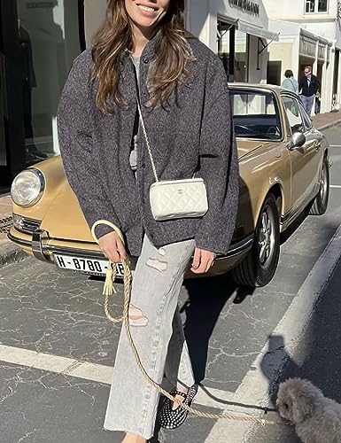 Kissonic Womens Wool Blend Jacket Oversized Bomber Jacket Casual Stand Collar Button Down Varsity Shacket Coat Outerwear2