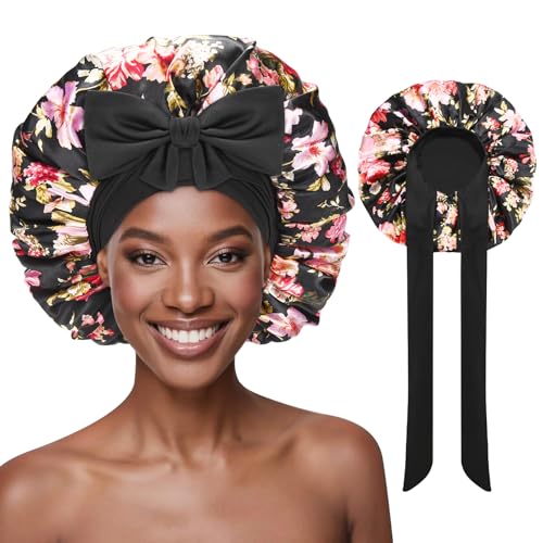 Ptrin Satin Bonnet,Silk Bonnet Hair Bonnet for Sleeping Women,Large Double Layer Satin Hair Bonnet for Sleeping with Adjustable Tie Band,Soft Elastic Breathable for Curly Hair,Flower Black