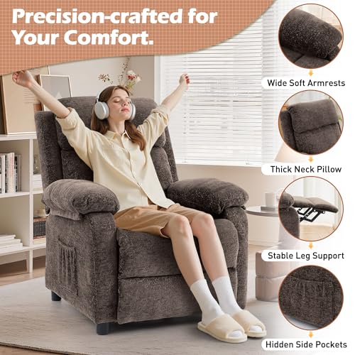 Image of Korser Recliner Chair, Living Room Chairs for Adults, Padded Deep Seat Reading Chair with Side Pockets, Small Recliners for Small Spaces, Lounge Chair for Living Room, Bedroom, and RV (Chenille)