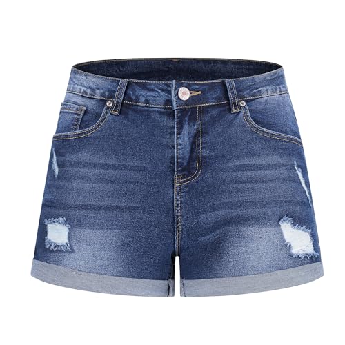 Image of THUNDER STAR Women Mid Rise Ripped Stretchy Jeans Shorts Frayed Raw Hem Casual Denim Shorts