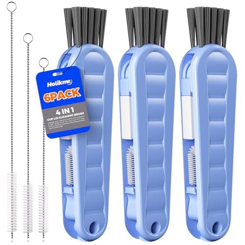 Image of Holikme 6 Pack 4 in 1 Cup Lid Cleaning Brush 3 Straws Bottle Brush,Blue | 4 in 1 Cup Lid Cleaning Brush Multifunctional Bottle Brush, Silicone Cup Lid Gap Cleaner, Bristle Crevice Cleaning Brush
