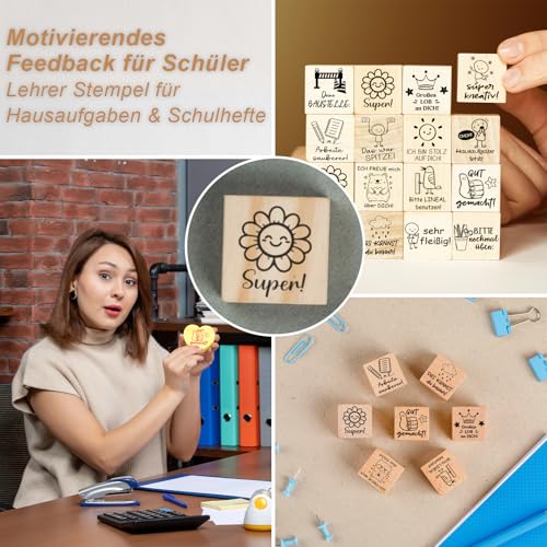 Stempelset Lehrer 18 Motivstempel Schule – Lobstempel Kinder für Hausaufgaben & Schulhefte, Belohnungsstempel zur Motivation, Holz Stempel Set für Lehrer Feedback, 2026 Neue Designs Weihnachten