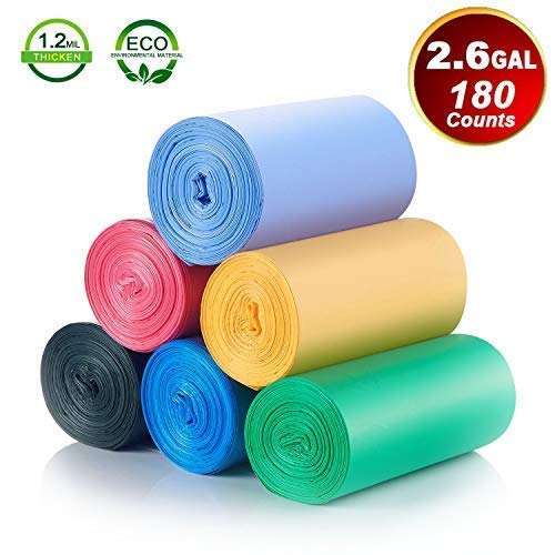 Bathroom Trash Bags 2.6 Gallon 180 Counts 6 Colors Small
