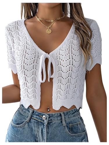Milumia Women's Short Sleeve Crochet Knitted Cardigan Tie Front Beach Crop Tops Coverup