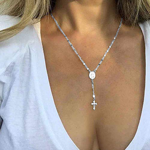 Jovono Silver Boho Y-Necklace Virgin Mary Cross Pendants Jewelry Necklaces Chains for Women and Girls