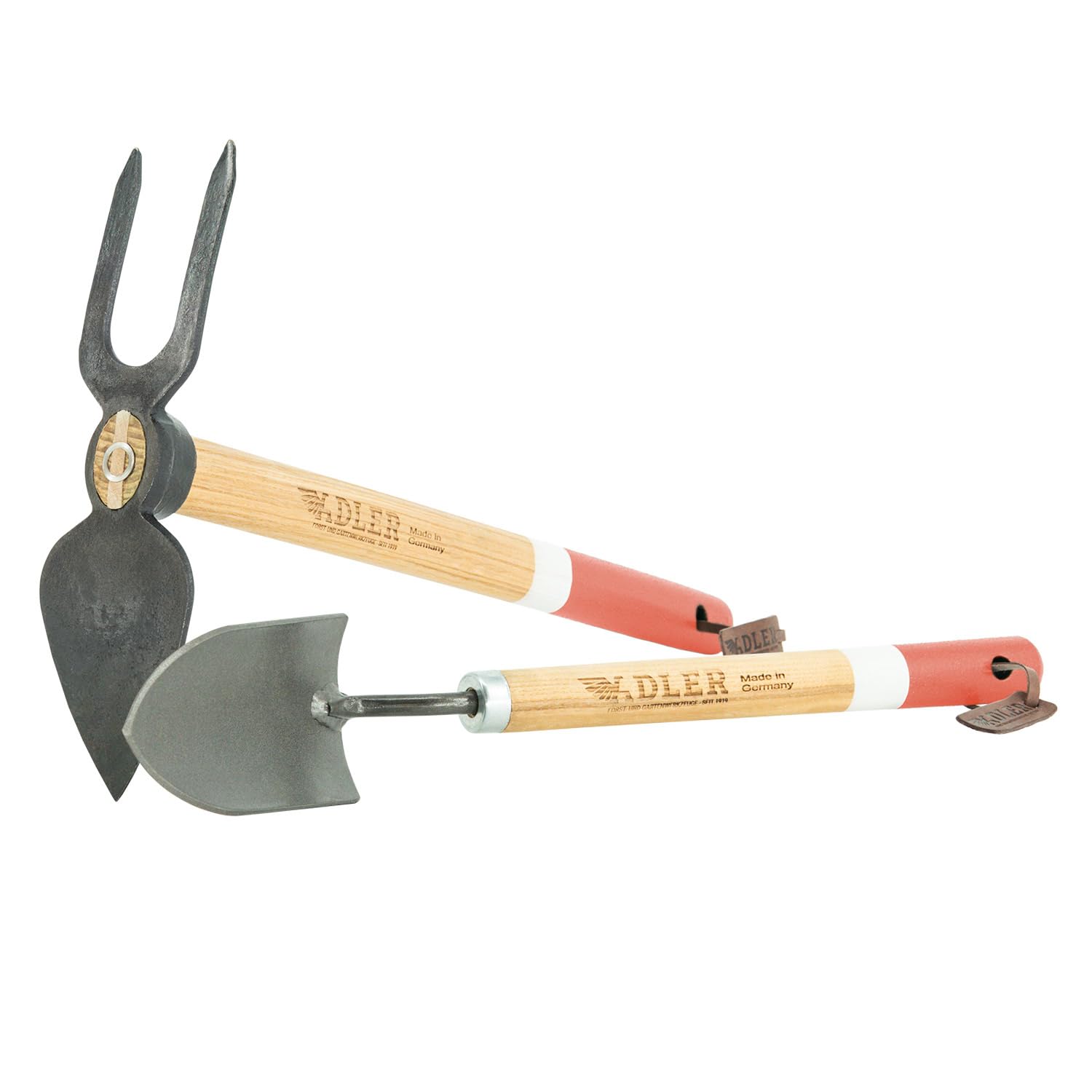 ADLER Set da giardino 2 pezzi – zappa forgiata Ivy & Cazzuola Holly – 45 cm manico in legno di frassino (Daisy - a due rebbi con foglia piatta - rosa/bianca)