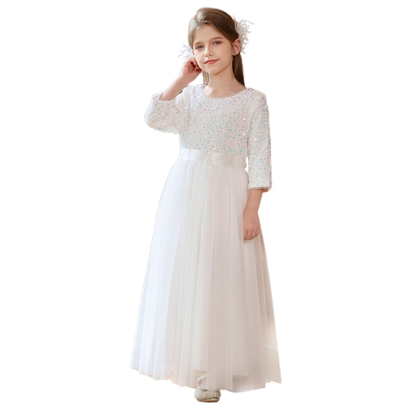 Vestido de Lentejuelas de Manga Larga para niñas con Capa superpuesta, Ideal para Fiestas y Eventos Especiales, diseño Elegante y Brillante, Tallas 7-12 años