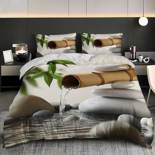 Parure de Lit 3D 2 Personnes 200x200 cm – Housse de Couette Galets d'eau en Bambou Hypoallergénique Microfibre avec Fermeture Éclair – Douce et Facile...
