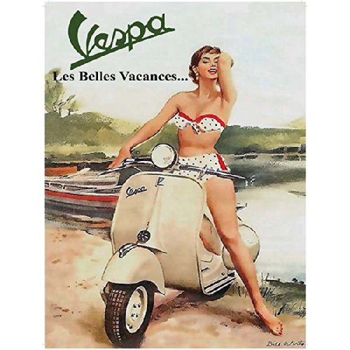 Original Metal Sign Co. Cambsigns 10892 Vespa Les Belles Vacances - Cartel metálico esmaltado para Colgar con diseño de Vespa Les Belles Vacances (70 x 50 cm)
