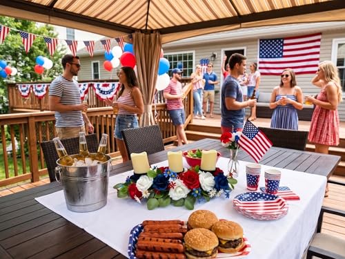 Image of Svndlyn 4th of July Decorations,Patriotic Floral Arrangement Centerpiece for Table,Centerpiece with 3 Candle Holder,Red White and Blue Fake Rose Flowers for Independence Day Home Decor,Memorial Day
