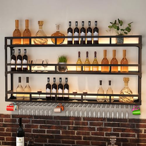 Casier à vin mural métal bouteille alcool et support verre LED