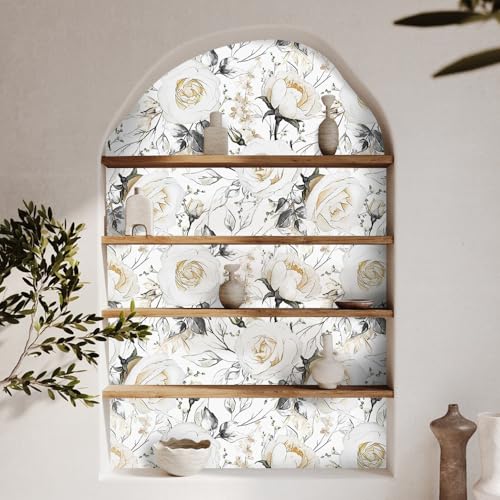 Papel pintado vintage de rosas blancas autoadhesivo y lavable de 44,5x600 cm 7