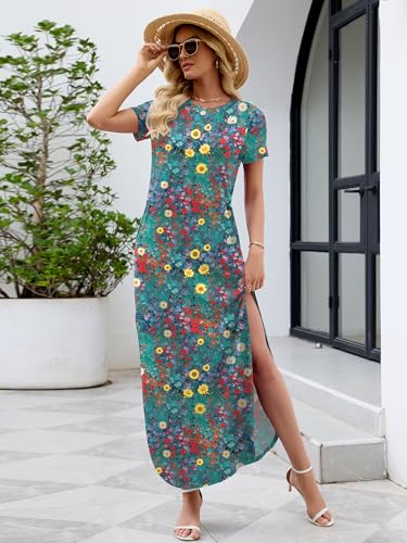 Image of Heymoments Womens Summer Maxi Dress Short Sleeve Casual Loose Long T Shirt Split Vacation Beach Sundress with Pockets