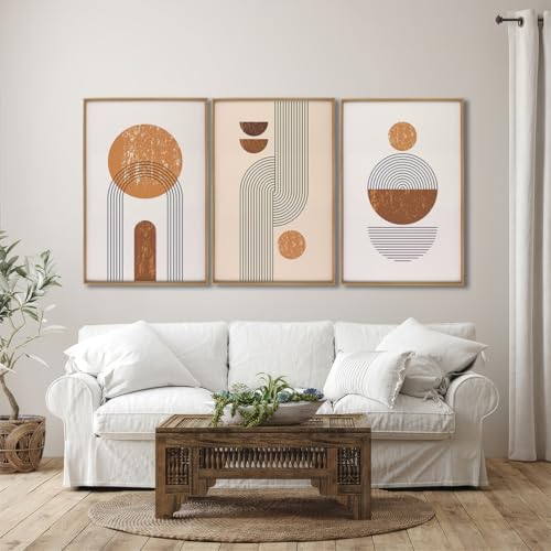 Conjunto de 3 Quadros Abstratos Geométricos, Linhas Nórdicas, Tons Terracota e Bege (Madeira, 60x90 S/Vidro)
