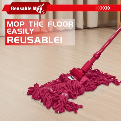 Image of Heavy Duty Commercial String Mop Heads, 3 Pack Cotton Red Mop Head Replacement, Machine Washable Industrial Mop Head Refills for Janitorial, Restaurant, Warehouse & Office Floor Cleaning