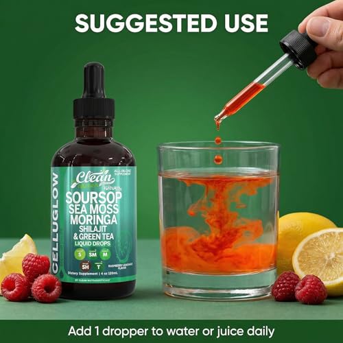 Image of CelluGlow Soursop Bitters Liquid Drops Green Tea Extract Sea Moss Moringa Shilajit Vitamin C D3 Garlic Turmeric Ginger Reishi Mushroom Grape Seed Lycopene Immune Support Supplement by Clean Nutra 4oz