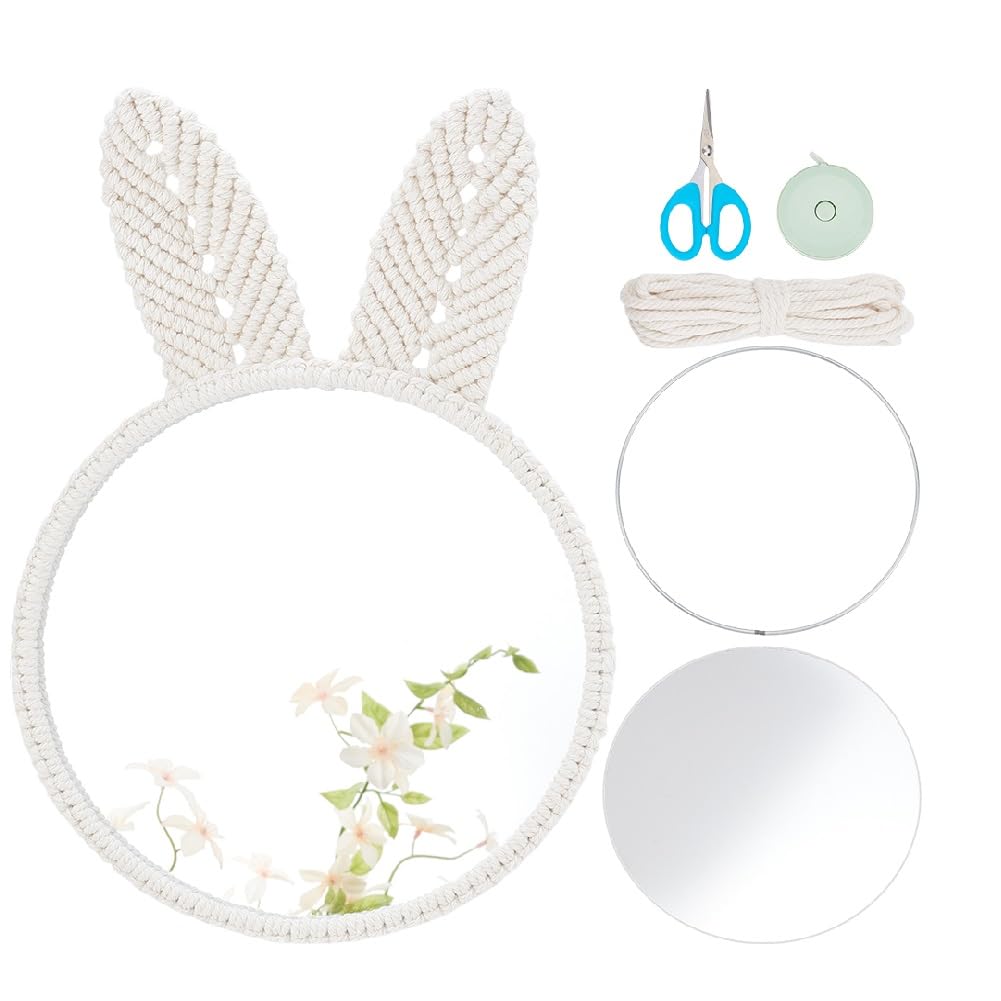 WEBEEDY DIY Bunny Ears Macrame Mirror Kit DIY Macrame Hanging Wall Ornament with Video Tutorials,Cute Rabbit Decorative Mirror Set with Cotton Cord for Room Easter Wall Art Decor(Beige)