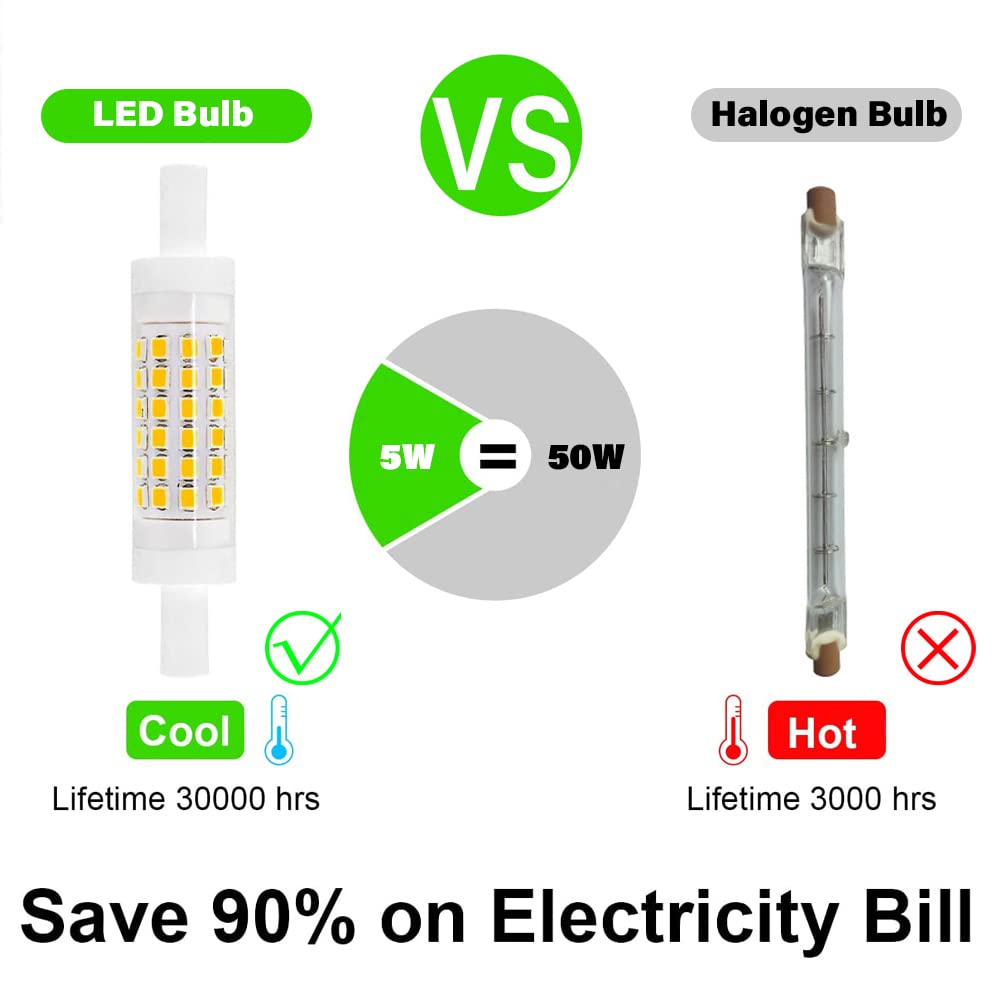 R7S - Bombilla LED de 78 mm, equivalente a 50 W, base de doble extremo de 5 W, luces de inundación J78, 600 lm, regulable, ángulo de haz de 360°, bombillas LED empotradas