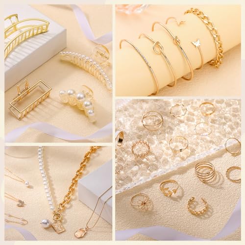 Image of Remuuly 43 Pcs Christmas Gold Jewelry Gift Set for Women Girl Xmas Gift | Includes 6 Necklaces 13 Bracelets 20 Rings 4 Hair Clips, Wedding Birthday Gift, Varied Selection of Designs, Alloy Material
