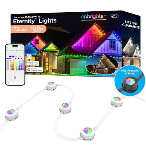 Enbrighten Eternity Permanent Outdoor Lights, 100ft with 72 RGBWIC LED Lights, App‑Controlled, Cuttable, Christmas, Accent & Year‑Round Eave Lighting, Works with Alexa & Google Home, 81103