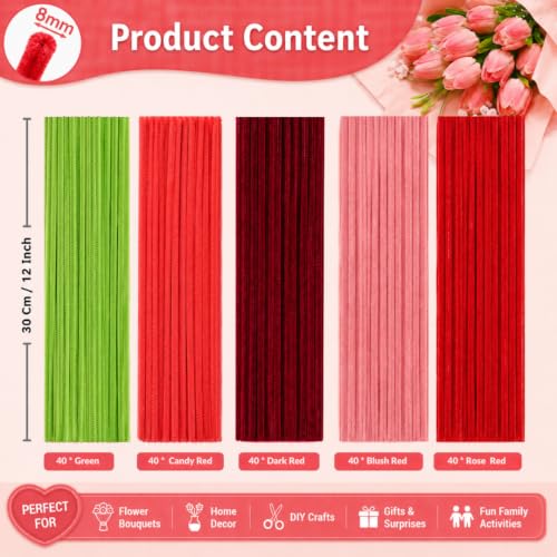 Image of YUNAMI Chenille Stems for DIY Flower Making - 200 Pcs Pipe Cleaners with Floral Wire, Tape, Stamen & Pearls - Premium Bouquet Supplies for Home Decor & Gifting (200, red)