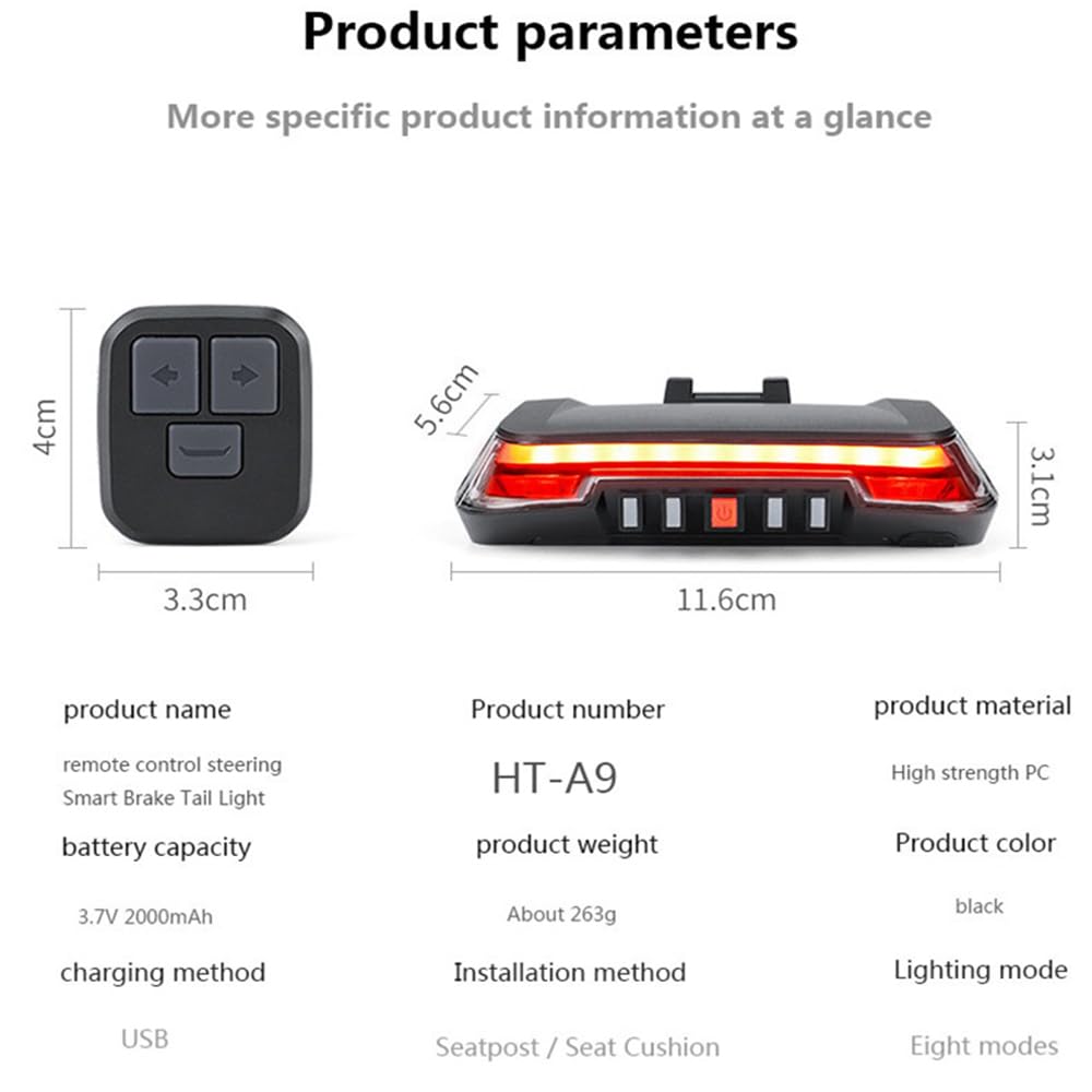 2000Mah Lampa rowerowa Tylna ładowalna lampa rowerowa Indukcyjne hamulec tylny Rowerowe światło LED Pilot zdalnego sterowania Kierunkowskaz Latarnia