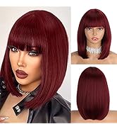 LINGHANG Short Red Bob Wigs with Bangs Synthetic Burgundy Straight Bob Wigs for Women Natural Loo...