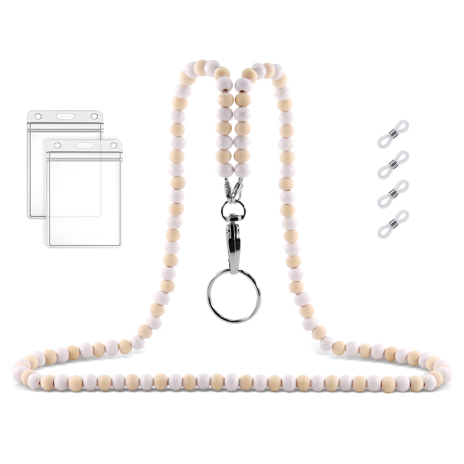 HONZUEN Beaded Lanyards for Badges and Keys, Wooden Lanyards with ID Holders, Cute Personalized Neck Lanyards for Women Teachers Adult Kids