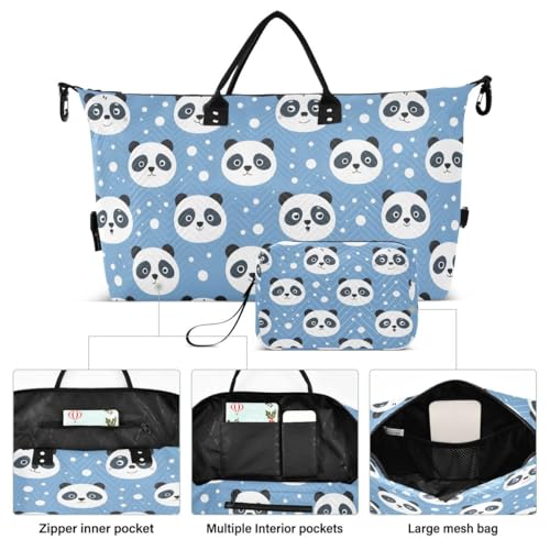 Head Panda Blue Polka Dot Travel Duffle Bag Gym Bag Weekender Bags with Toiletry Bag Travel Trip Tote Bag2