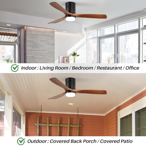 52 Inch Low Profile Rustic Wood Ceiling Fan with Lights and Remote for Indoor and Outdoor Use