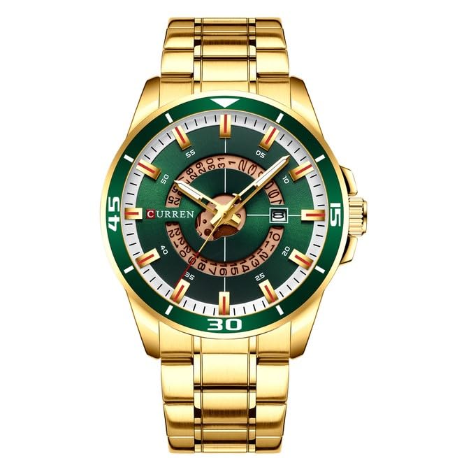 CURREN 8359 luxury business casual mens watch waterproof quartz Stainless steel Band calendar mens watch, GOLD GREEN, bracelet (B0C9YLGNG4) Amazon Price History, Amazon Price Tracker