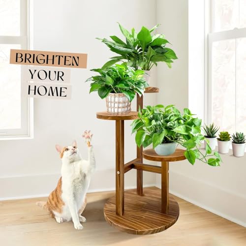 Image of GEEBOBO 3 Tier Plant Stand Indoor | Tiered Wood Plant Stand for Indoor Plants, 21 inch Height Space Saving Small Corner Plant Shelf, Plant Stands (Brown)