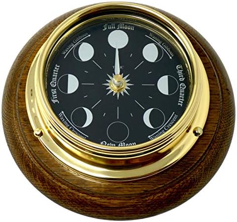 Tabic Prestige Brass Moon Phase Clock Mounted On A English Oak Mount, with jet black mirrored aluminium dial