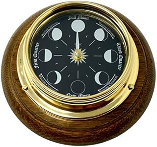 Tabic Prestige Brass Moon Phase Clock Mounted On A English Oak Mount, with jet black mirrored aluminium dial