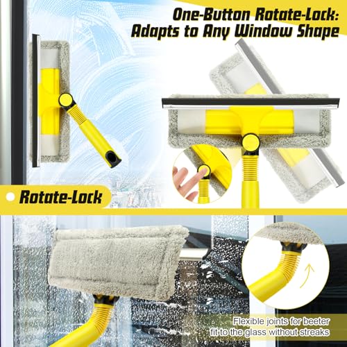 Image of Professional Window Squeegee with 60 inch Extension Pole for Home | 2 in 1 Squeegee for Window Cleaning with Scrubber / Rotatable Head for Car Glass Shower Indoor & Outdoor High Windows