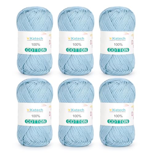 Katech Pure Cotton Yarn for Crocheting & Knitting–Soft Sport Weight CYC #2, 6 Skeins (50g Each, 300g Total), Ideal Crochet Yarn for Dishcloths, Baby Clothes, Socks, Lightweight Scarves（Lake Blue