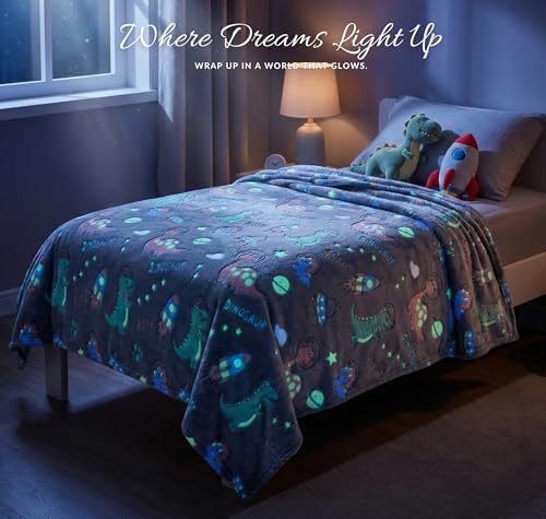 Image of BSB HOME Glow in The Dark Kids Blanket, Soft Flannel Fleece Luminous Blanket for Boys & Girls, Cozy Lightweight Kids Throw for Bed - 42 x 60 in (107 x 152 cm) (Dinosaur & Space Theme - Charcoal Grey)