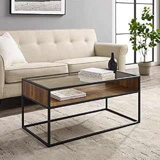 URBNLIVING Industrial Modern Coffee Table for Living Room Office with Metal Frame and Lower Open Storage Shelf (Dark Walnut)